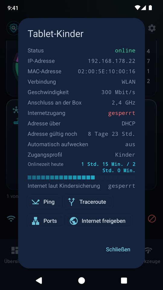 Details zu einem Gerät mit Ping, Traceroute und Ports